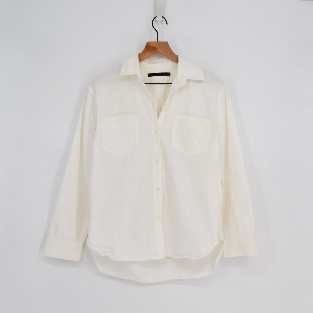 Jenni Kayne Button Down Shirt White Women's Xs Double Pocket High Low Cotton